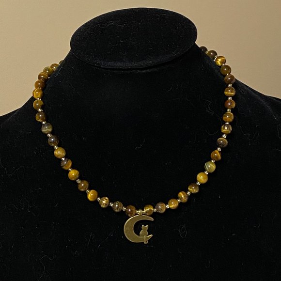 Tigers Eye Bronze Cat on the Moon Necklace, Genuine Gemstone Beaded Necklace - Picture 2 of 10